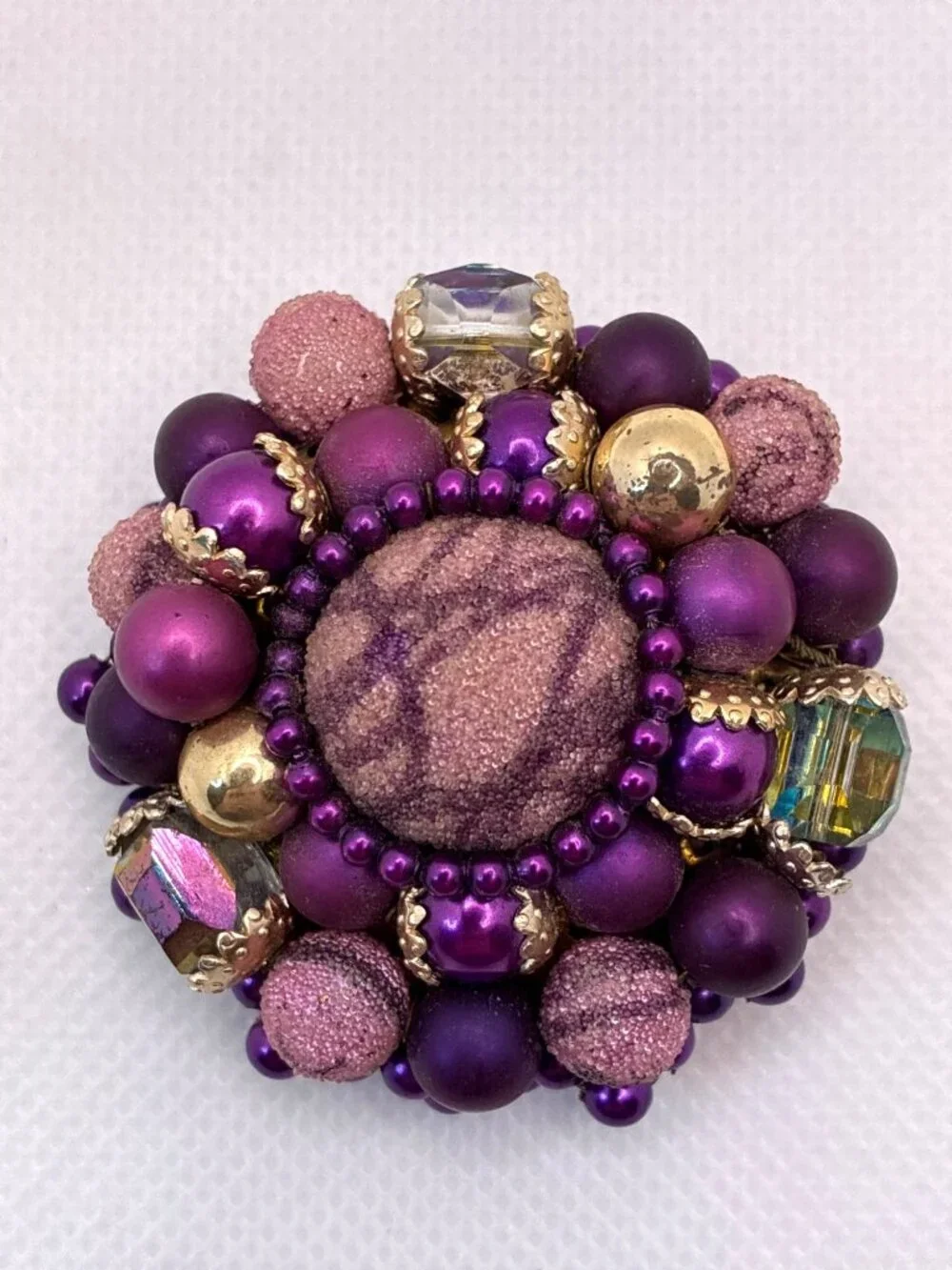Vtg Japan Purple Brooch Sugar Beads Gold Accents & Faux Gemstones 2 In Diameter